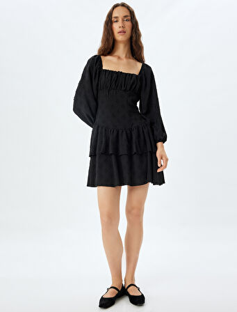 Balon Kol Mini Elbise Kare Yaka Büzgülü Dokulu Katlı 