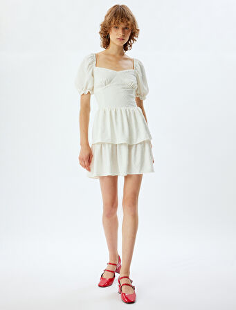 Balon Kol Elbise Mini Katlı Dokulu Volanlı