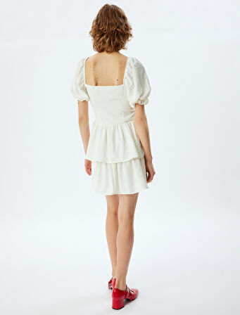 Balon Kol Elbise Mini Katlı Dokulu Volanlı