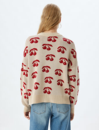 Oversize Kazak Kiraz Desenli Bisiklet Yaka Uzun Kollu