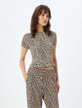 Leoparlı Crop Pijama Üstü Kısa Kollu Bisiklet Yaka