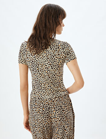 Leoparlı Crop Pijama Üstü Kısa Kollu Bisiklet Yaka
