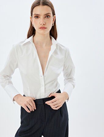 Slim Fit Gömlek Arma İşleme Detaylı Uzun Kollu Klasik Yaka