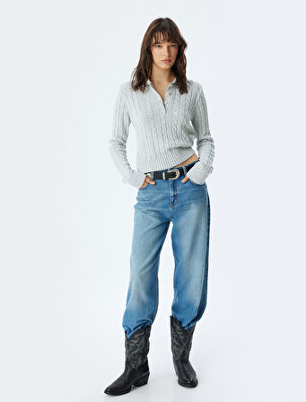 Polo Yaka Triko Kazak Saç Örgü Dokulu Uzun Kollu