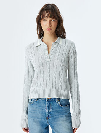 Polo Yaka Triko Kazak Saç Örgü Dokulu Uzun Kollu