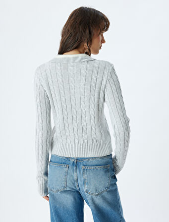 Polo Yaka Triko Kazak Saç Örgü Dokulu Uzun Kollu