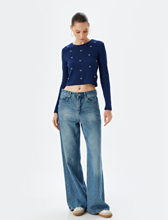 Crop Tişört Fiyonk Desenli Uzun Kollu Kaşkorse Slim Fit