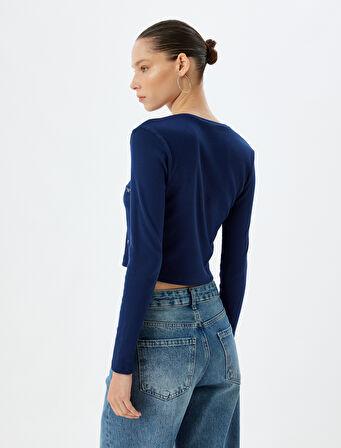 Crop Tişört Fiyonk Desenli Uzun Kollu Kaşkorse Slim Fit