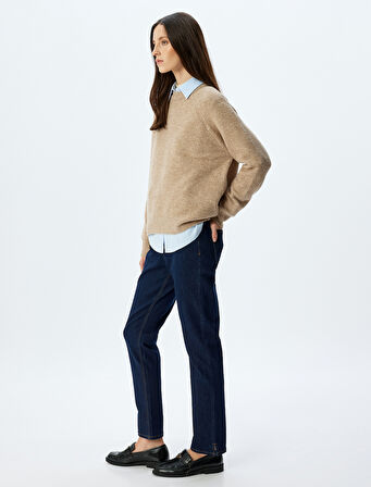 Slim Straight Fit Normal Bel Düğmeli Cepli Kot Pantolon - Slim Straight Jean
