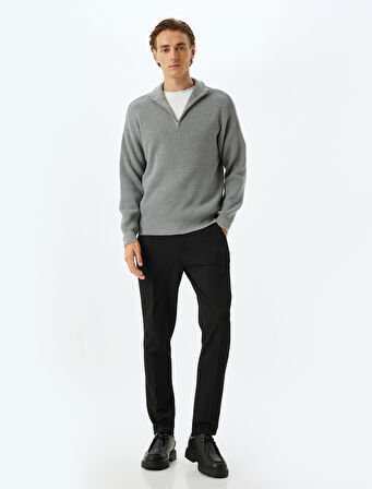 Triko Kazak Yarım Fermuarlı Basic Dokulu Viskon Karışımlı