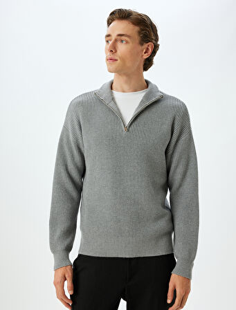 Triko Kazak Yarım Fermuarlı Basic Dokulu Viskon Karışımlı