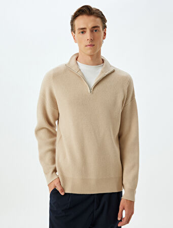 Triko Kazak Yarım Fermuarlı Basic Dokulu Viskon Karışımlı