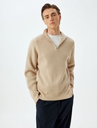 Kışlık Triko Kazak Yarım Fermuarlı Basic Dokulu Viskon Karışımlı