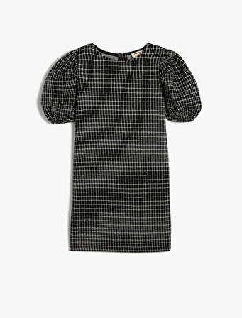 Balon Kollu Pötikareli Kareli Elbise Bisiklet Yaka 