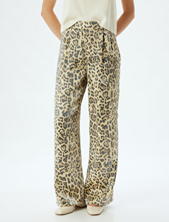 Yüksek Bel Viskon Leopar Desenli Palazzo Pantolon