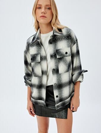 Taşlı Gömlek Ceket Uzun Kollu Kalça Boy Kapaklı Cep Detaylı