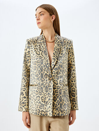 Viskon Düğmeli Cepli Kruvaze Leopar Desenli  Blazer Ceket 