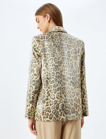 Viskon Düğmeli Cepli Kruvaze Leopar Desenli  Blazer Ceket 