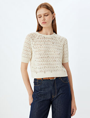 Ajurlu Crop Kazak Kısa Kollu Bisiklet Yaka Boncuk İşlemeli 