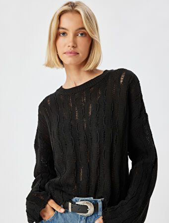 Ajurlu Triko Kazak Bisiklet Yaka Uzun Kollu 