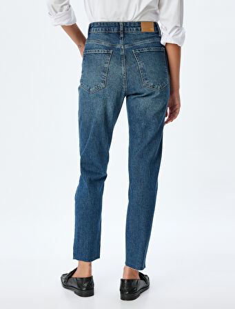Mom Fit Kot Pantolon Yüksek Bel Dar Kalıp Düğmeli Cepli Pamuklu - Mom Fit Jeans
