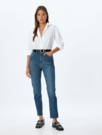 Mom Fit Kot Pantolon Yüksek Bel Dar Kalıp Düğmeli Cepli Pamuklu - Mom Fit Jeans