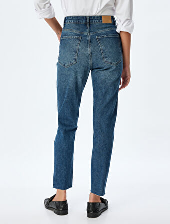 Mom Fit Kot Pantolon Yüksek Bel Dar Kalıp Düğmeli Cepli Pamuklu - Mom Fit Jeans