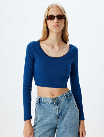 Crop Tişört Uzun Kollu Fiyonk Detaylı U Yaka Slim Fit