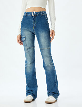 İspanyol Paça Kot Pantolon Slim Fit Kargo Cepli Düğmeli Pamuklu - Flare Jeans