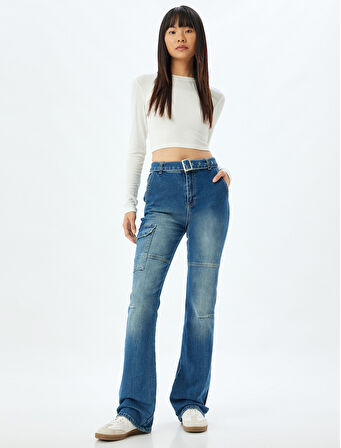 İspanyol Paça Kot Pantolon Slim Fit Kargo Cepli Düğmeli Pamuklu - Flare Jeans