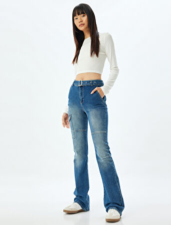 İspanyol Paça Kot Pantolon Slim Fit Kargo Cepli Düğmeli Pamuklu - Flare Jeans