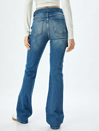 İspanyol Paça Kot Pantolon Slim Fit Kargo Cepli Düğmeli Pamuklu - Flare Jeans