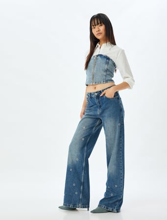 Geniş Paça Kot Pantolon Kuşgözü Detaylı Normal Bel Pamuklu - Wide Leg Jeans