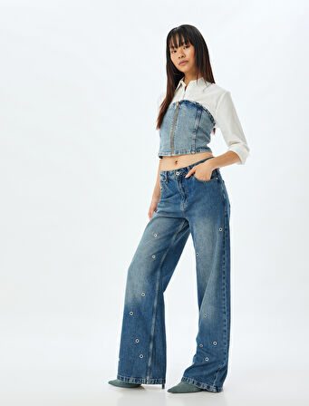 Geniş Paça Kot Pantolon Kuşgözü Detaylı Normal Bel Pamuklu - Wide Leg Jeans