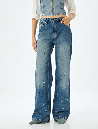 Geniş Paça Kot Pantolon Kuşgözü Detaylı Normal Bel Pamuklu - Wide Leg Jeans