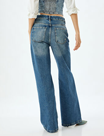 Geniş Paça Kot Pantolon Kuşgözü Detaylı Normal Bel Pamuklu - Wide Leg Jeans