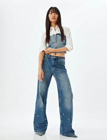 Geniş Paça Kot Pantolon Kuşgözü Detaylı Normal Bel Pamuklu - Wide Leg Jeans