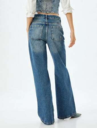 Geniş Paça Kot Pantolon Kuşgözü Detaylı Normal Bel Pamuklu - Wide Leg Jeans