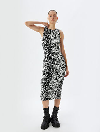 Halter Yaka Elbise Midi Leopar Desenli Kolsuz Slim Fit