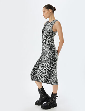 Halter Yaka Elbise Midi Leopar Desenli Kolsuz Slim Fit