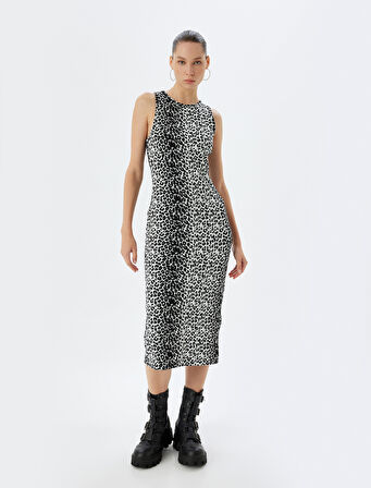 Halter Yaka Elbise Midi Leopar Desenli Kolsuz Slim Fit