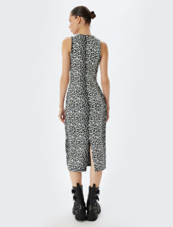 Halter Yaka Elbise Midi Leopar Desenli Kolsuz Slim Fit