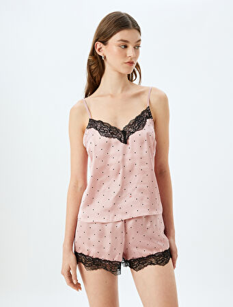 Rahat Kalıp Dantel Detaylı Puantiyeli Saten Mini Şort Pijama Altı