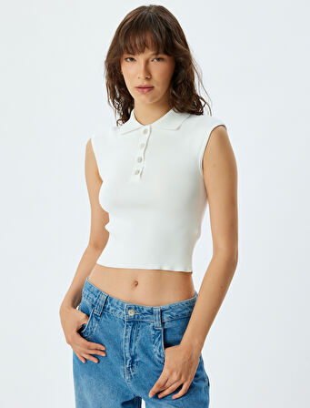 Kolsuz Düğmeli Polo Yaka Crop Triko Üst