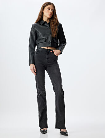 İspanyol Paça Kot Pantolon Suni Deri Detaylı Yırtmaçlı Standart Bel Slim Fit - Flare Jeans