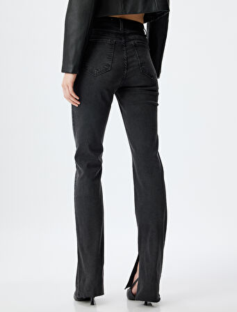 İspanyol Paça Kot Pantolon Suni Deri Detaylı Yırtmaçlı Standart Bel Slim Fit - Flare Jeans