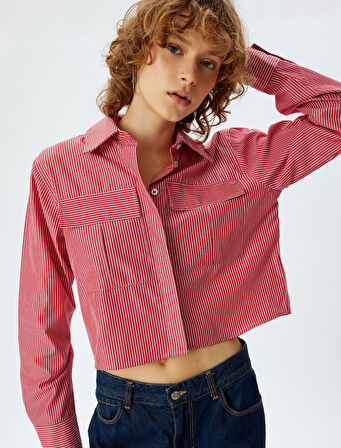 Crop Gömlek Uzun Kollu Klasik Yaka Düğmeli Cep Detaylı