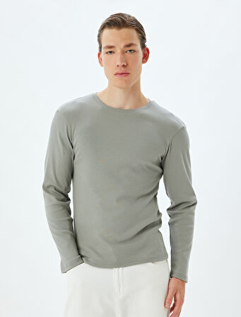 Slim Fit Tişört Bisiklet Yaka Uzun Kollu Kaşkorse Pamuklu