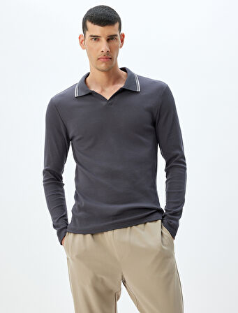 Slim Fit Tişört Uzun Kollu V Yaka Polo Pamuklu