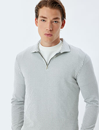 Fermuarlı Yaka Kazak Dokulu Uzun Kollu Pamuk Karışımlı